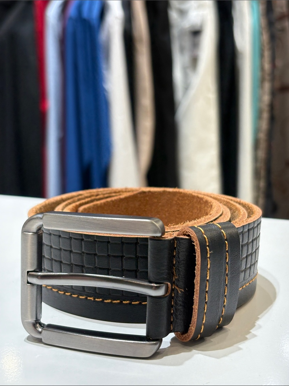 Men's Black Textured Leather Belt with Contrast Stitching